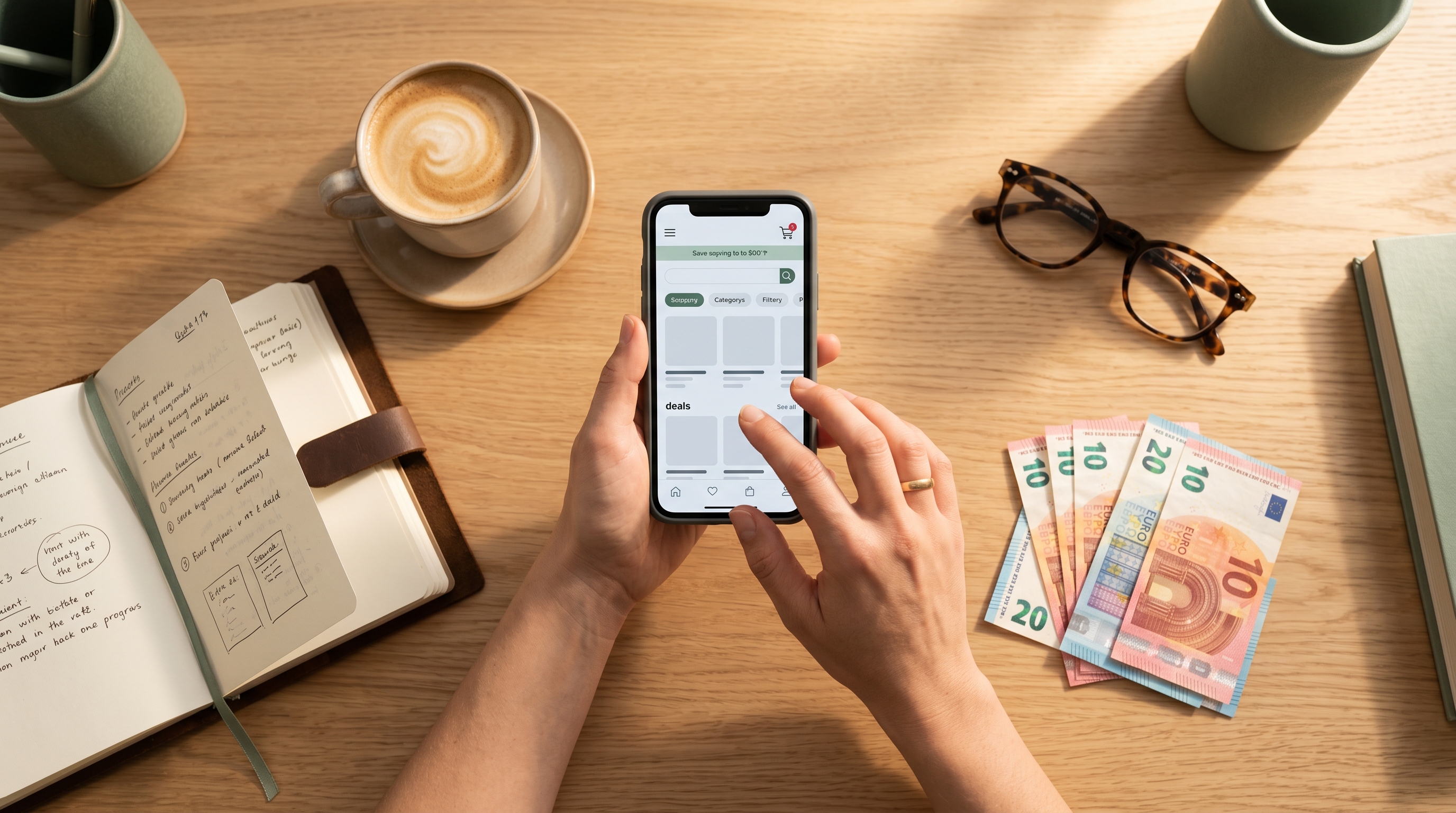 Smartphone-Einkauf mit Euro-Scheinen auf dem Schreibtisch
